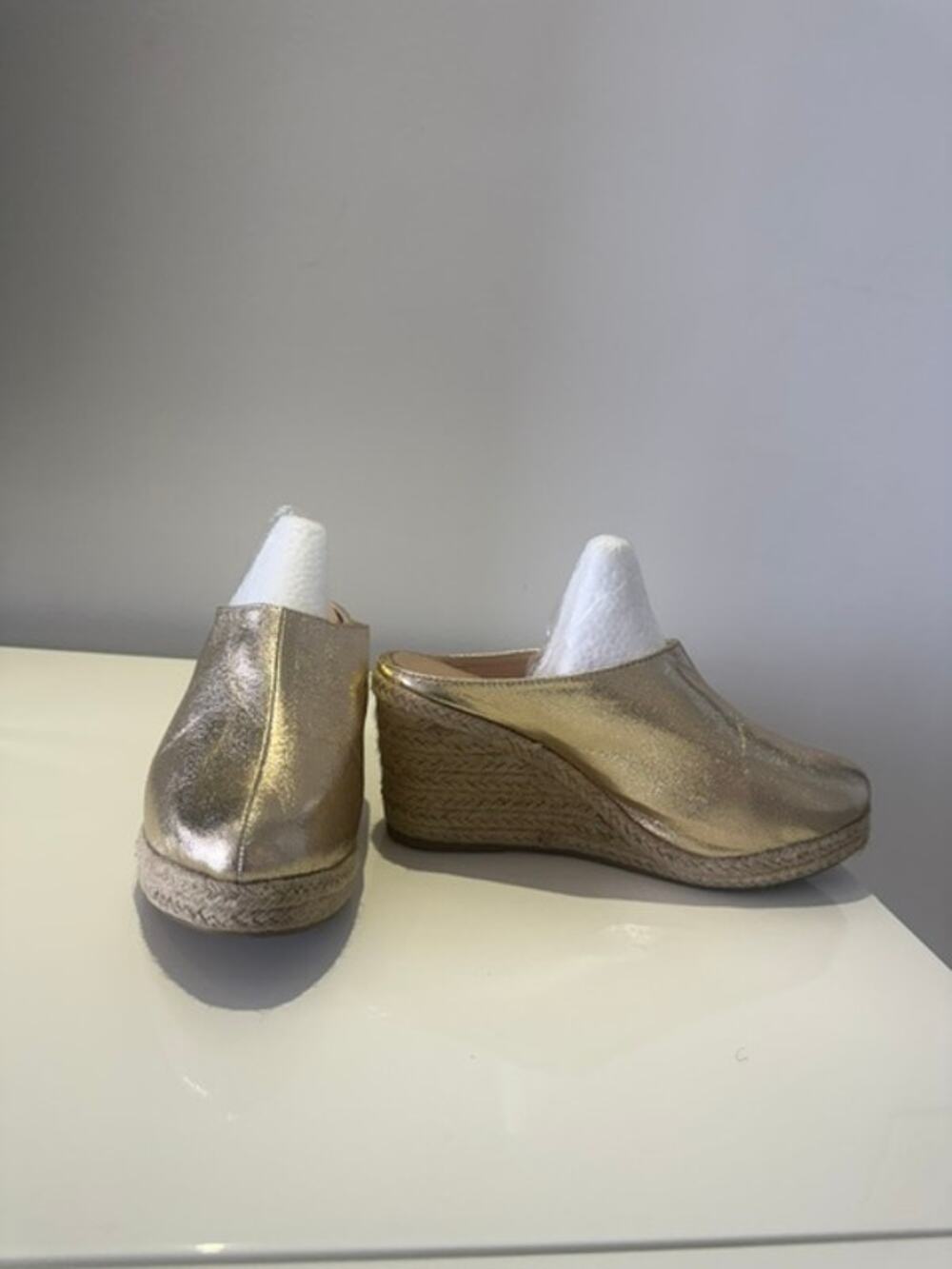 Gold metallic wedge mules